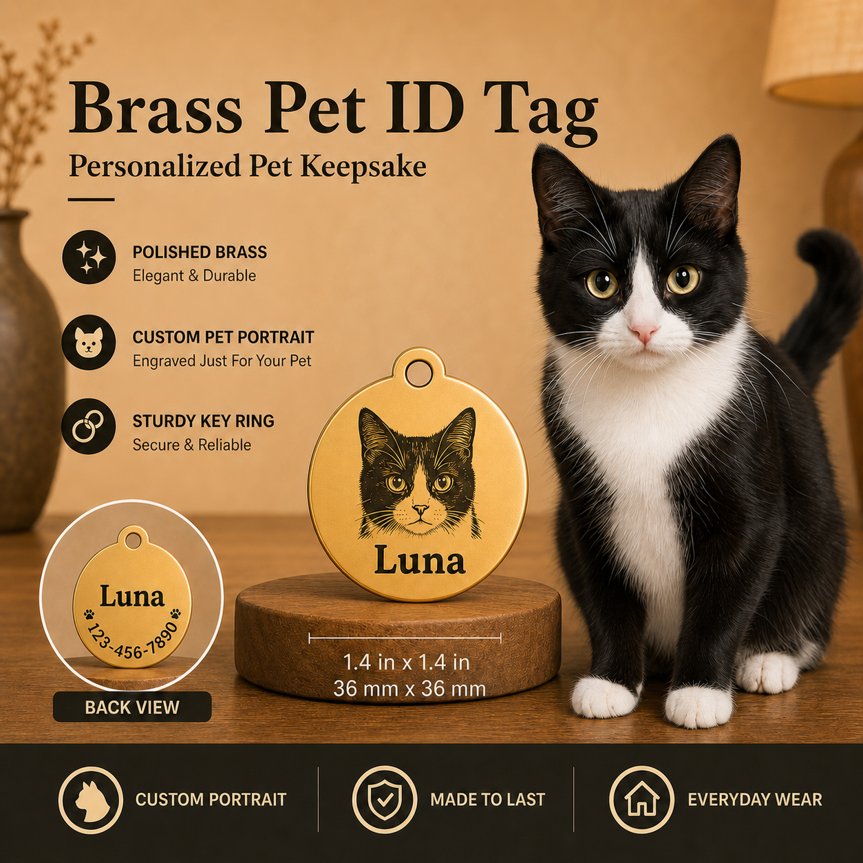 Personalized Pet Portrait ID Tag with Name & Charm