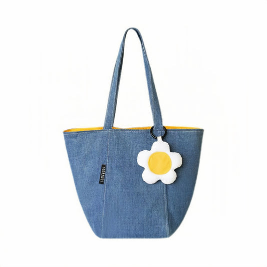 Denim Blue Mini Tote Bag with Flower Charm