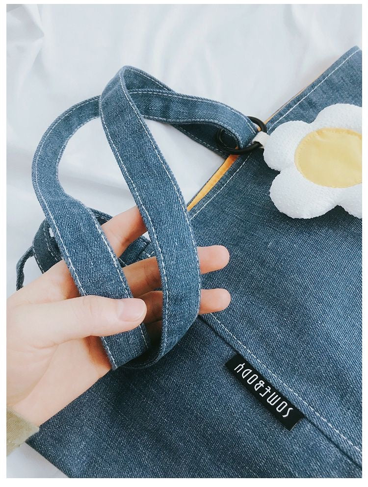 Denim Blue Mini Tote Bag with Flower Charm