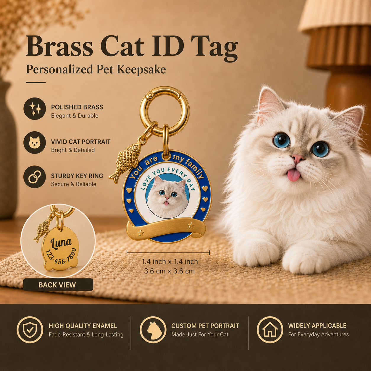 Brass Cat Name Tag - Custom Name & Phone Number
