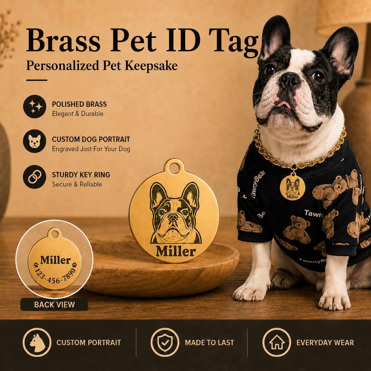 Personalized Pet Portrait ID Tag with Name & Charm