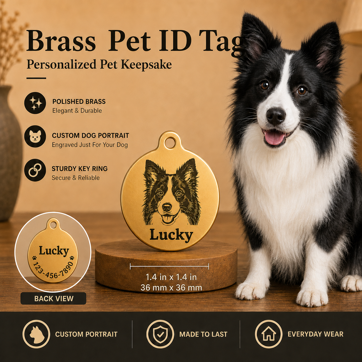 Personalized Pet Portrait ID Tag with Name & Charm